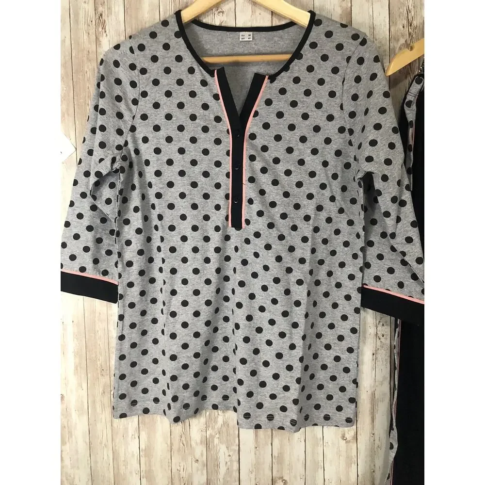 Alex Pajama Set Womens Small Gray Black Lounge Set Cotton Polka Dot N105